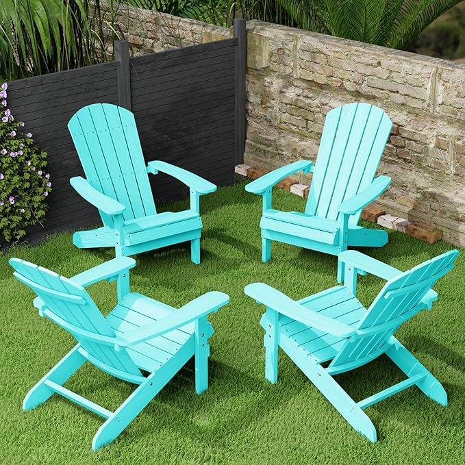 YEFU Adirondack Chairs Set of 4: Outdoor Chair HIPS Plastic Adirondack Chairs - Patio Chairs with Wood Texture - Lawn Fire Pit Deck Porch Garden Chairs for Adults (Aruba)