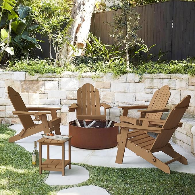 LUE BONA Folding Adirondack Chair Set of 4, Brown HDPS Weather Resistant Outdoor Chair with Cup Holder for Patio Fire Pit Campground