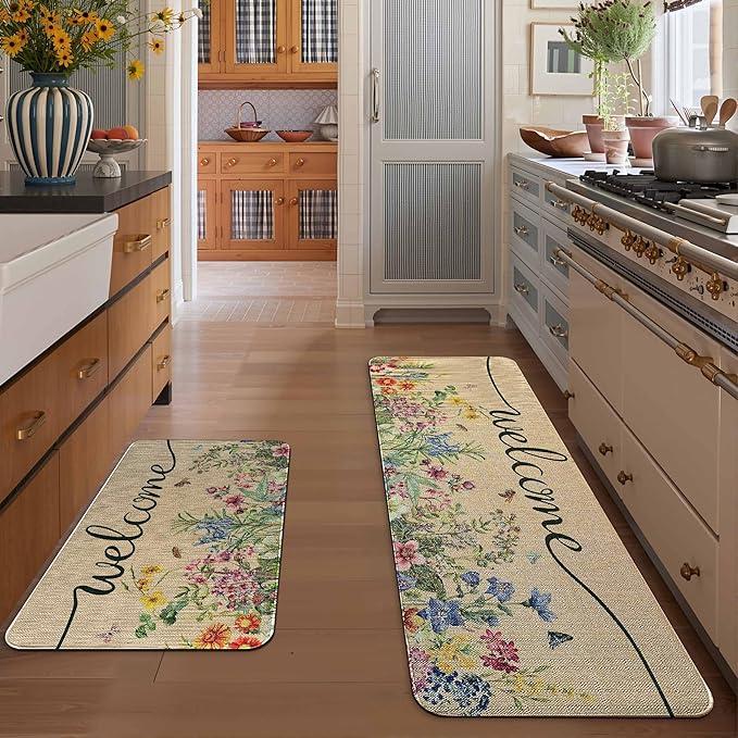 Spring Floral Decor Welcome Door Mat 2 Piece, Hello Summer Flower Home Decoration Non-Slip Indoor Outdoor Front Doormats Rug 17"x47"+17"x30"