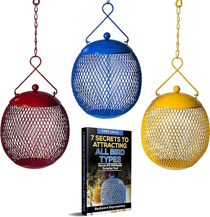 Backyard Expressions 3-Pack Metal Mesh Bird Feeders for Outdoors – Red, Blue & Yellow Squirrel-Resistant Hanging Feeders for Cardinals, Finches & Songbirds – Durable All-Weather Design