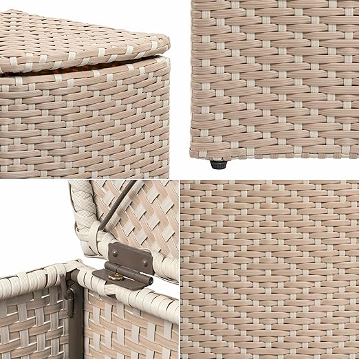 happimess HPM1200D Chloe 15.56-Gallon All-Weather Wicker/Metal Corner Hideaway Outdoor Trash Can, Light Pink/White, Classic, Coastal, Casual Wastebin for Backyard, Patio, Porch, Kitchen