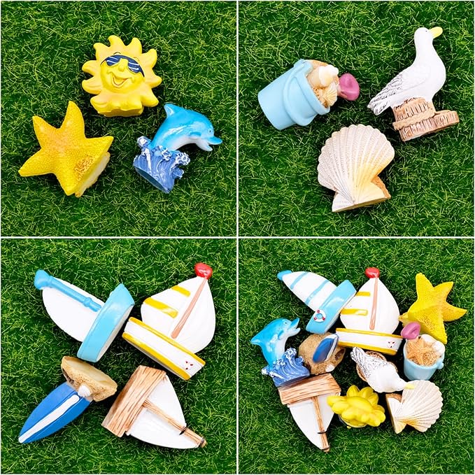 10 PCS Miniature Beach Figurines - Mini Shell Dolphin Starfish Sailboat Decorations, Ocean Diorama Supplies, Cake Topper