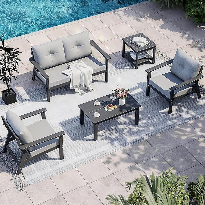 6-Piece HDPE Patio Furniture Set, Outdoor Sectional Sofa Set,All Weather Outdoor Couch with Dust-Free Cushions, Durable Patio Conversation Sets for Balcony, Porch, Gray