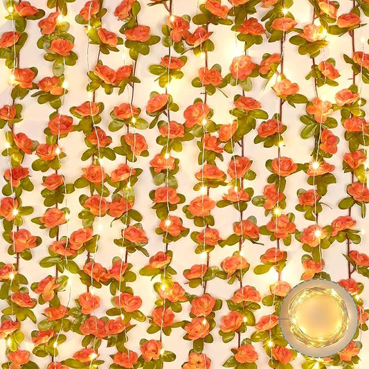 BLEUM CADE 5Pcs 41Ft Flowers Garland Artificial Rose Vines with 32.8Ft String Lights, Cute Fake Hanging Flower Vines Floral Garland Decorations for Wedding Party Wall Room Decor Aesthetic