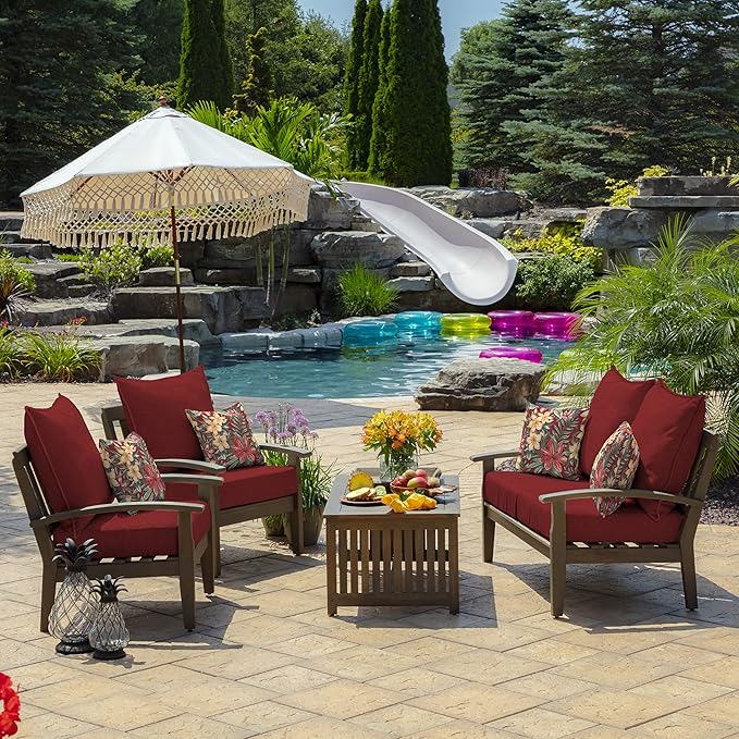 Arden Outdoor Foam Deep Seat Cushion Set, 22 in x 24 in, Weather-Proof, Rain-Proof, Fade Resistant Patio Cushion, Bottom and Back Cushion for Chair, Sofa, and Couch Ruby Red Leala