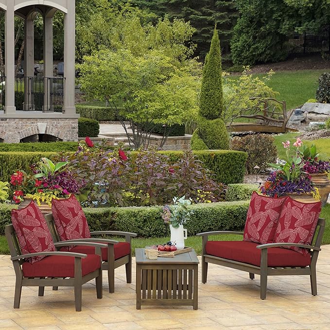 Arden Outdoor Foam Deep Seat Cushion Set, 24 in x 24 in, Weather-Proof, Rain-Proof, Fade Resistant Patio Cushion, Bottom and Back Cushion for Chair, Sofa, and Couch Red Leaf Palm