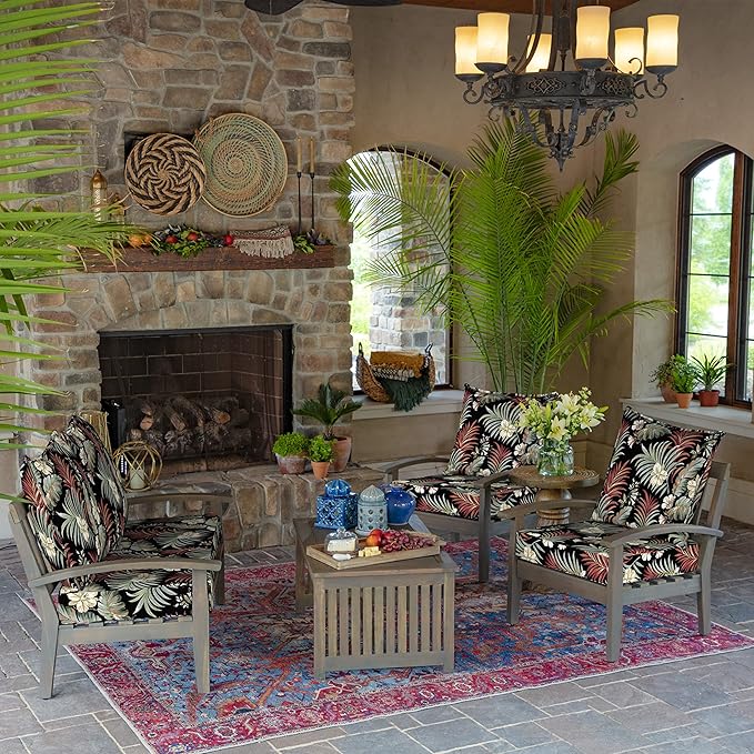 Arden Outdoor Foam Deep Seat Cushion Set, 24 in x 24 in, Weather-Proof, Rain-Proof, Fade Resistant Patio Cushion, Bottom and Back Cushion for Chair, Sofa, and Couch Simone Black Tropical