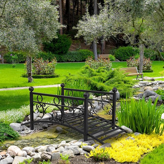 40in Garden Metal Bridges,Courtyard Outdoor Landscape Bridge,Metal Arch Bridge,Decorative Garden Arch Footbridge,with Handrail,for Outside, Backyard, Pond, Lawn, Walkway, Yard, Path (Black)