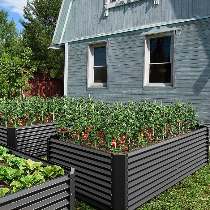 DWVO 2pcs 8 x 4 x 2 FT Raised Garden Bed Kit, Outdoor Galvanized Flower Bed with Safety Rubber and Gloves, Large Metal Planter Box for Vegetables, Flowers, Herbs, Fruits, Black