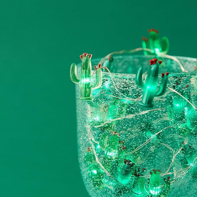 Cactus String Lights Battery Operated with Remote Green Acrylic Cactus Lights for Summer Tropical Decor