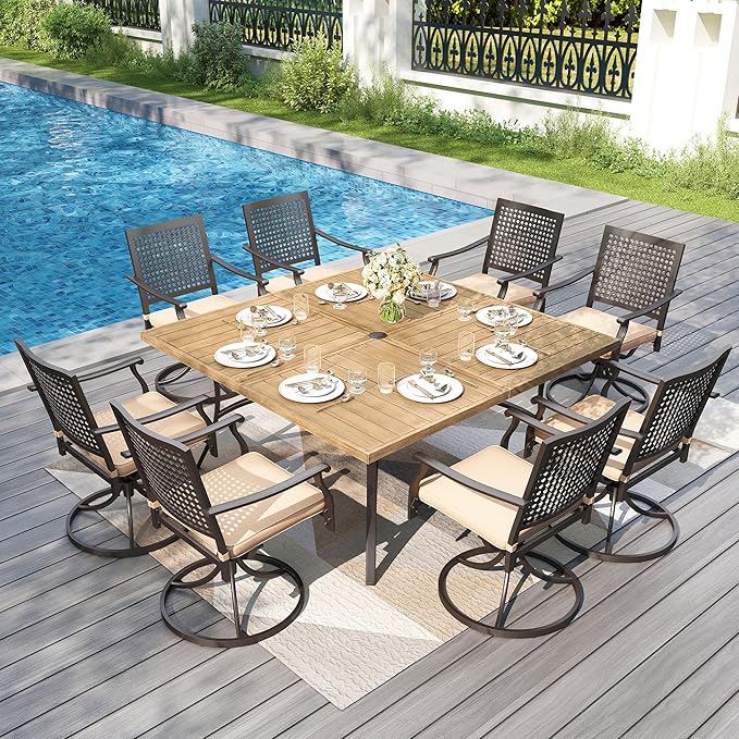 PHI VILLA 9 Pieces Outdoor Dining Set for 8, 60” Square Metal Wood-Like Table & Swivel Steel Chairs with Cushions, Large Furniture Set for Outdoor Deck, Yard, Porch