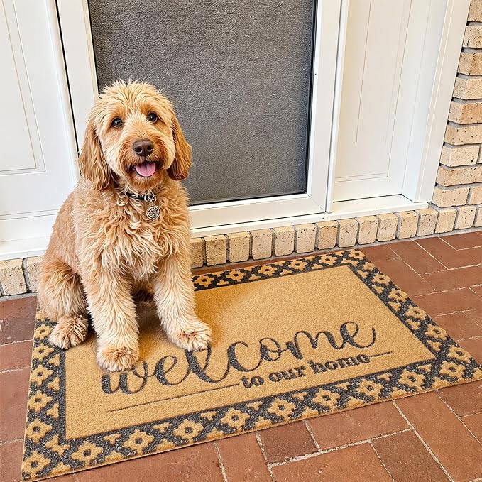 Welcome Mat Front Door Mat Indoor Outside Entrance, Heavy Duty Dirt Trapper Coir Doormat with Non Slip Backing Entryway Rug for Front Back Door, 17x30, Brown