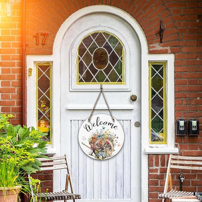 Spring Hanging Decor For Front Door, Wildflowers Welcome Spring Round Sign Decor For Farmhouse Home Yard Porch, Hello Spring Decorations, Spring Wall Plaque Gifts For Friends Family -08