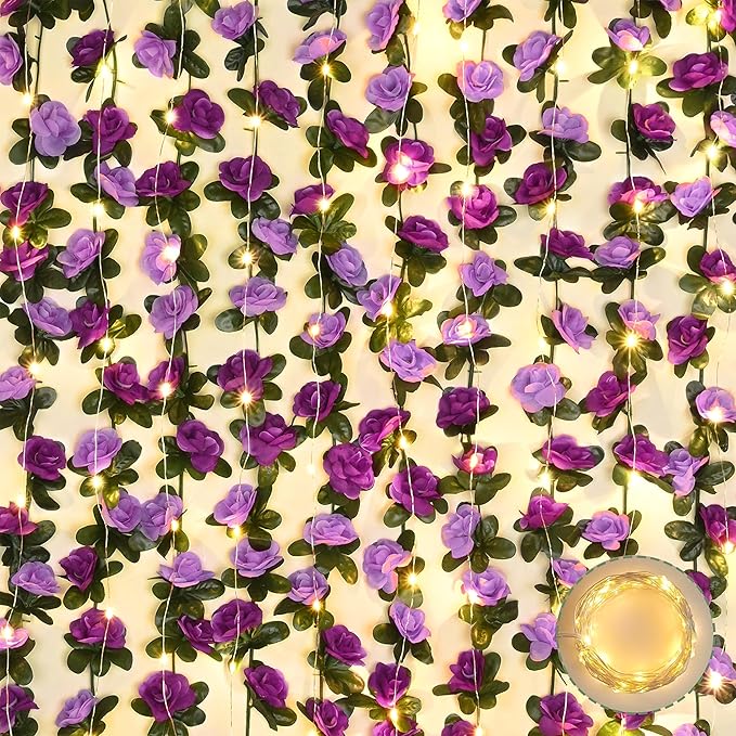 BLEUM CADE 5Pcs 41Ft Flower Garland Artificial Rose Vines with 32.8Ft String Lights, Cute Fake Hanging Flower Vines Floral Garland Decorations for Wedding Party Wall Room Decor Aesthetic
