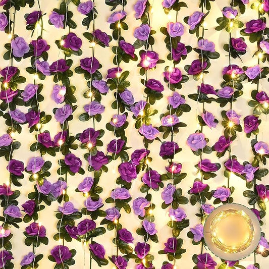 BLEUM CADE 5Pcs 41Ft Flower Garland Artificial Rose Vines with 32.8Ft String Lights, Cute Fake Hanging Flower Vines Floral Garland Decorations for Wedding Party Wall Room Decor Aesthetic