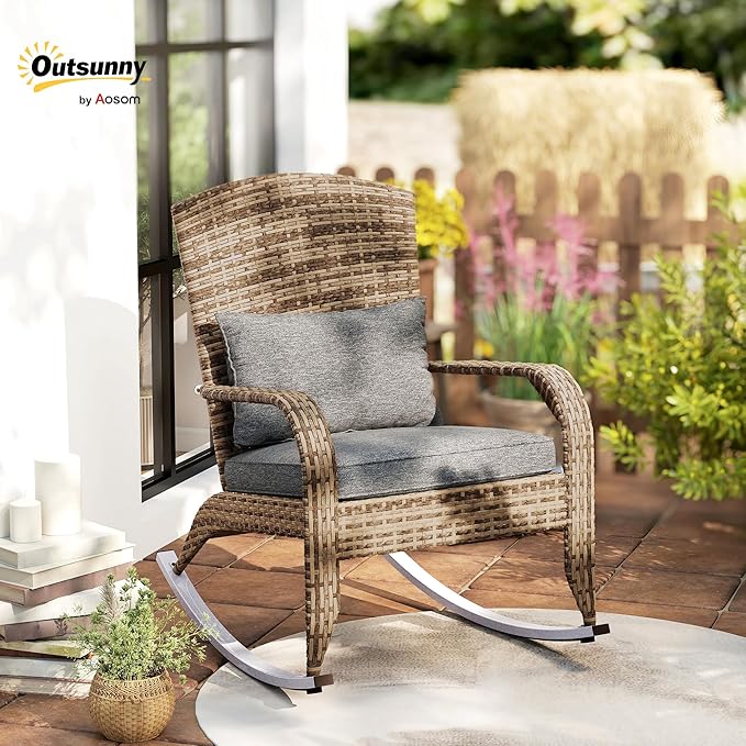 Outsunny Outdoor Wicker Adirondack Rocking Chair, Patio Rattan Rocker Chair with High Back, Seat Cushion, and Pillow for Garden, Porch, Balcony, Gray