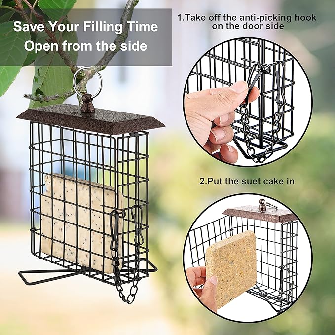 iBorn Suet Feeder Suet Bird Feeders for Outside Hanging,Squirrel Proof Suet Cakes Bird Feeder for Wild Birds,Metal Brown(Pack of 2)