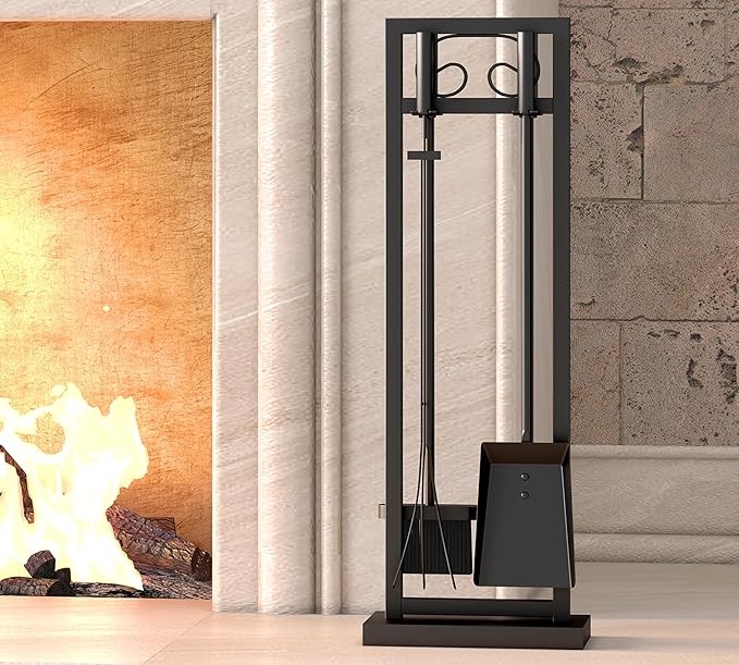 Kingson 5-Piece Fireplace Tool Set – 30.5" Black Scroll Design Heavy Duty Fireplace Accessories for Indoor & Outdoor Wood-Burning Fireplaces, Fire Pit Tools