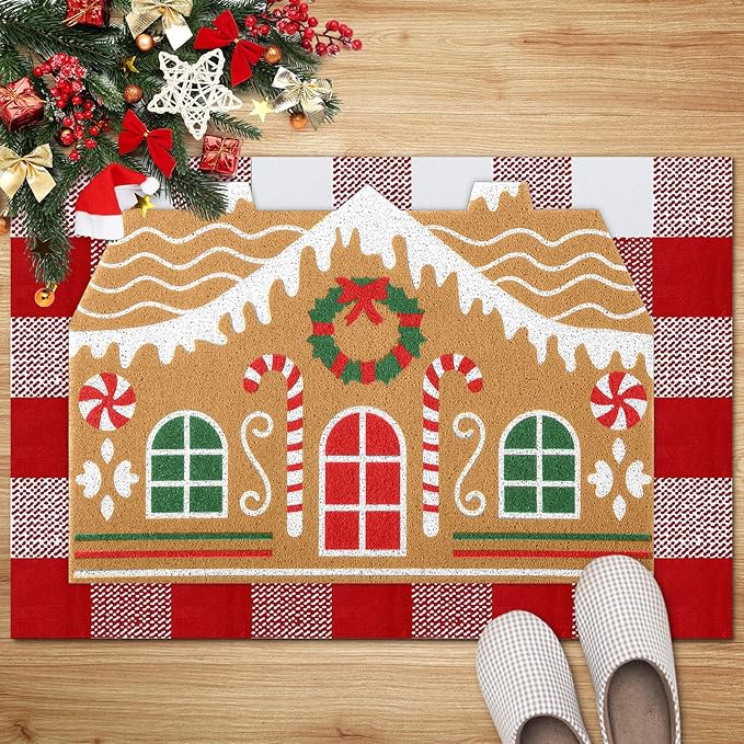 Tinideya 2 Pcs Christmas Door Mat Gingerbread House Welcome Non Slip Coir Mats Merry Xmas Red White Buffalo Plaid Floor Layering Doormats Seasonal for Front Porch Entryway Decor(Gingerbread House)