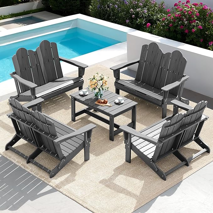 SERWALL 2 Person Adirondack Loveseat, HDPE All-Weather Folding Adirondack Bench Chair, Outdoor Adirondack Chair Set of 4, Grey