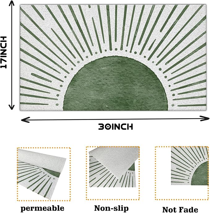 Nogrit Boho Door Mat,Green Sun Sunrise Sunset Sunshine Doormat 17x30, Sunray Door Mat for Bohemian Home Bathroom Outside Inside Front Door Entrance