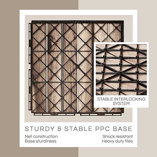 10 Pcs Deck Tiles, Patio Flooring - Outdoor Waterproof Acacia Wood Tiles for All Weather Use - Balcony, Backyard, Indoor & Outdoor (White Striped Pattern, 10 Square Ft)