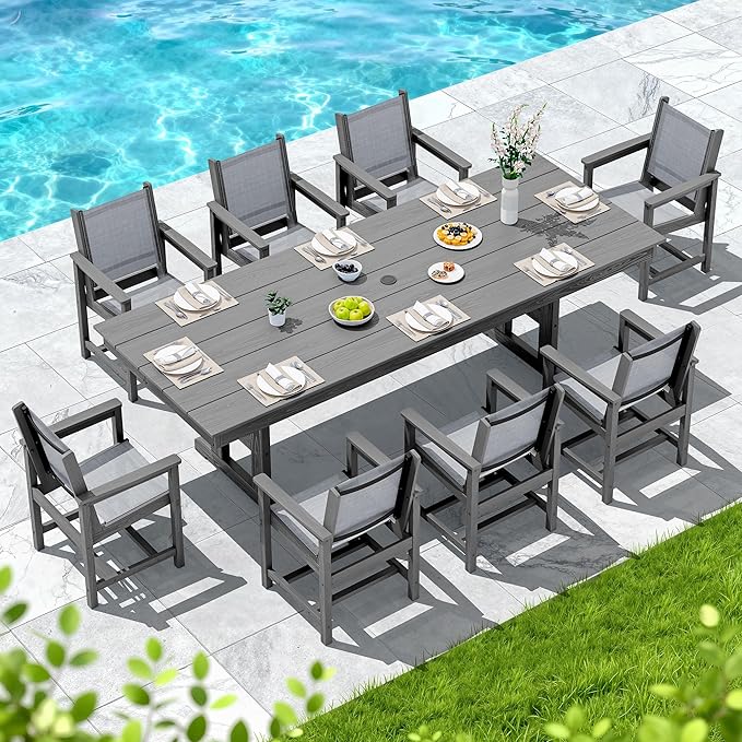 SERWALL 9 Piece Outdoor Dining Set, 84" HDPE Outdoor Table and Chairs for 8，All Weather Patio Furniture Set with Umbrella Hole for Backyard, Garden, Gray