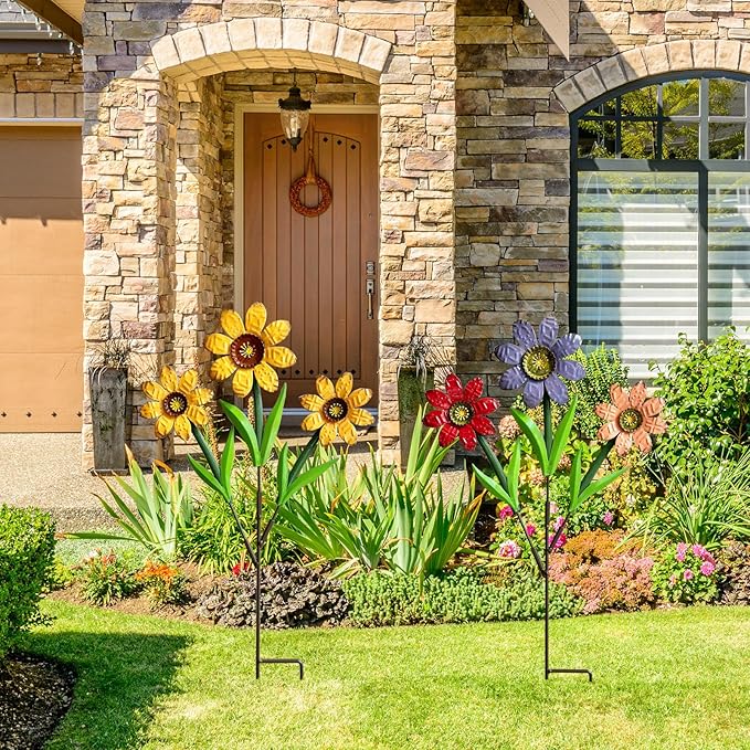 Metal Flowers for Outside,2 Pack Large Colorful Decorative Garden Stakes Yard Art,Spring Garden Decor for Lawn, Pathway & Garden(21.9 * 12IN)