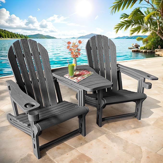 All Weather Plastic Adirondack Chairs, Fire Pit Chairs with Cup Holder, HDPE Outdoor Lawn Chair for Garden, Patio,Porch,Backyard, Black Double Chair