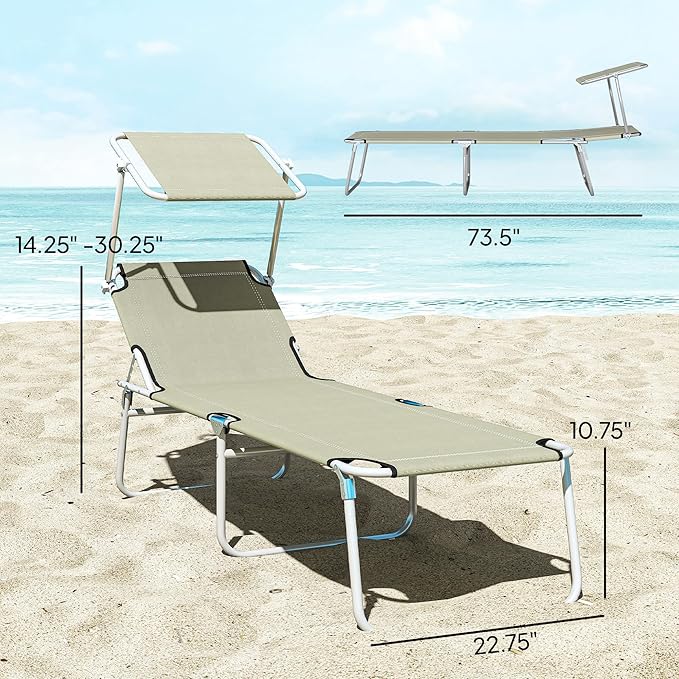 Outsunny Outdoor Lounge Chair, Adjustable Folding Chaise Lounge, Tanning Chair with Sun Shade for Beach, Camping, Hiking, Backyard, Cream White