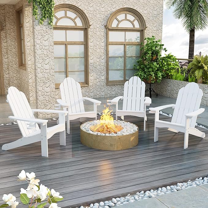 LUE BONA HDPS Adirondack Chairs Set of 4, Fire Pit Outdoor Chair Weather Resistant with Cup Holder, Modern Plastic Chair Plastic for Patio, Deck, Proch, 350LBS, White
