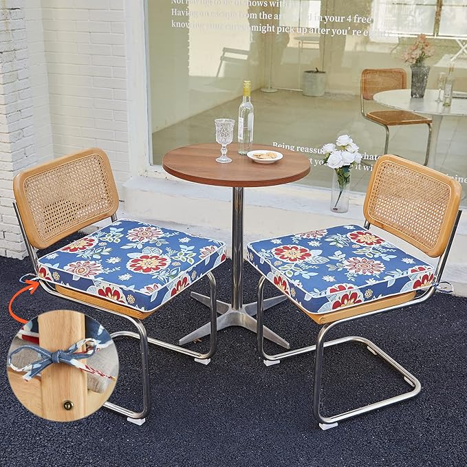 JMGBird Outdoor Chair Cushions Set of 2 - Waterproof Patio Seat Cushions 19x19 Inch with Ties, Blue Flower Floral Pattern High Density Foam Square Cushions for Garden Furniture