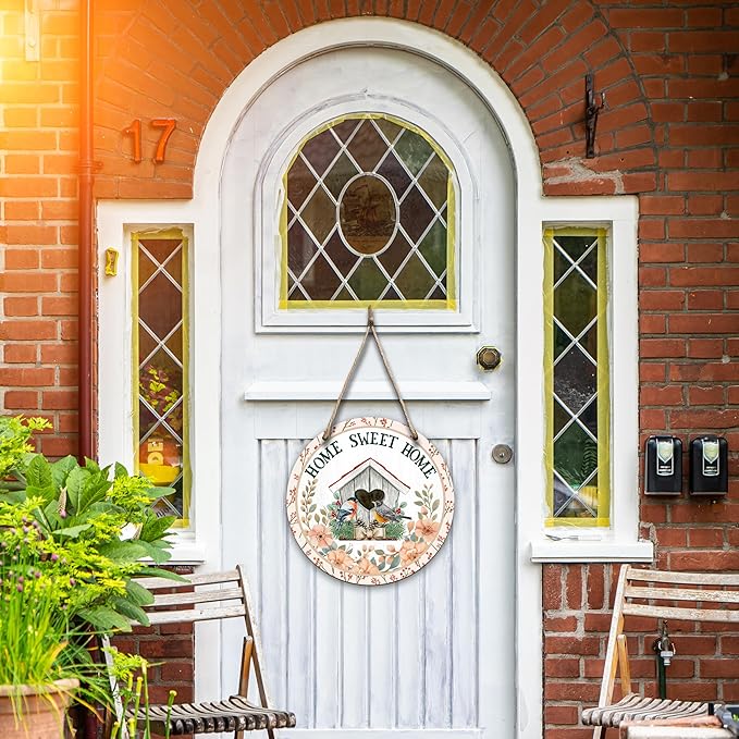 Spring Hanging Decor For Front Door, Birdhouse Home Sweet Home Round Sign Decor For Farmhouse Home Yard Porch, Hello Spring Decorations, Welcome Spring Wall Plaque Gifts For Friends Family -09