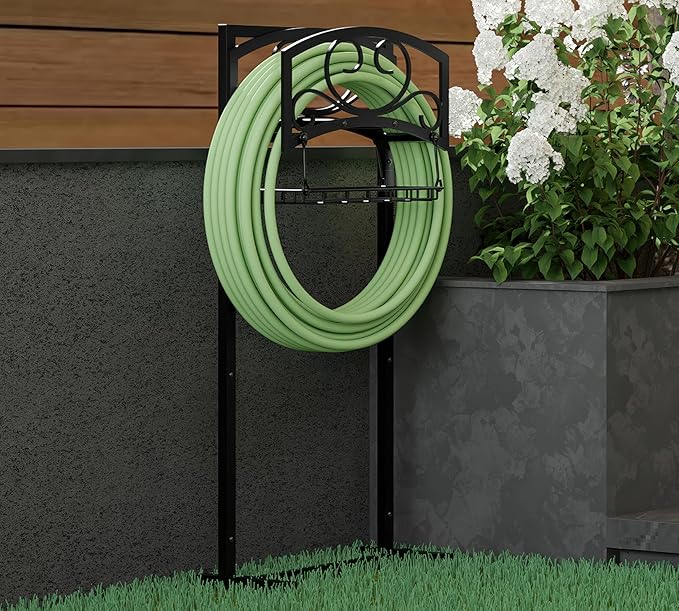 Kingson Freestanding Garden Hose Holder with Storage Basket - Heavy-Duty Black Powder-Coated Steel, Holds 150FT Hose, Detachable & Portable Design with Assembly Tools, Ideal for Outdoor Use