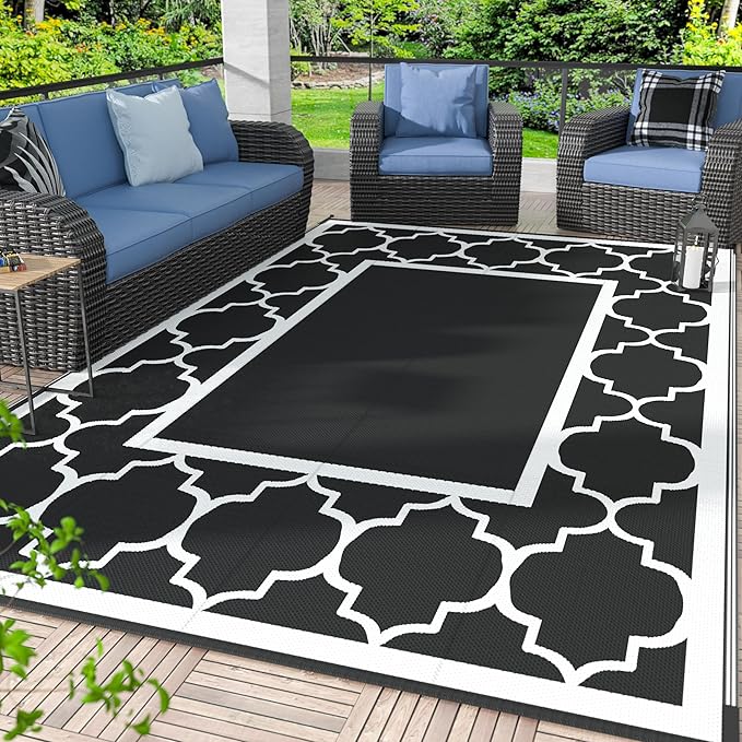 GENIMO 9 ' x 12 ' Outdoor Rug for Patio Clearance, Waterproof Indoor Outdoor Plastic Straw Rugs Carpet, Reversible Outside Area Rv Mat for Camping, Balcony Porch, Deck, Picnic, Beach (Black & White)