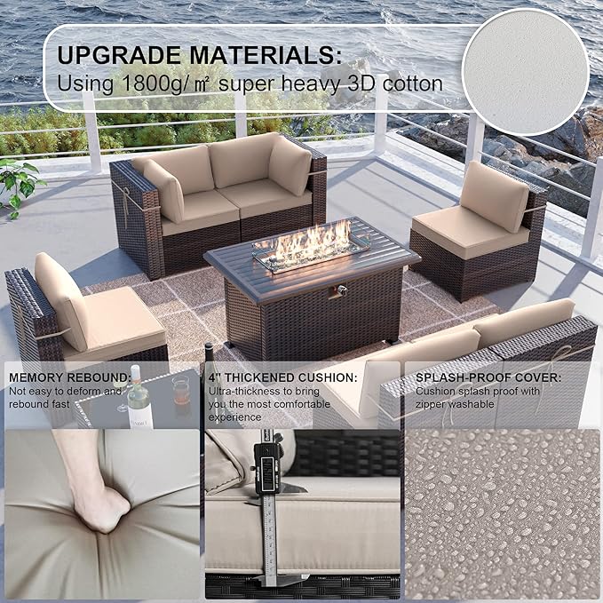 Kullavik 8 PCS Outdoor Patio Furniture Set with 43" 55000BTU Gas Propane Fire Pit Table PE Wicker Rattan Sectional Sofa Patio Conversation Sets,Khaki