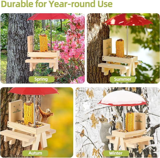 MIXXIDEA Squirrel Feeder Table with Umbrella, Wooden Squirrel Picnic Table Feeder, Sturdy Squirrels Feeder Corn Cob Holder, with Solid Structure and 2 x Thick Benches(1pk)
