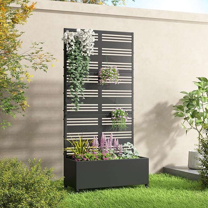 Casaphoria Metal Raised Garden Bed with Trellis and Wheels, 72"x35"x16" Planter Box for Climbing Plants, Vegetables & Vines, Features Drainage Holes and Privacy Screen (Black-Harold)