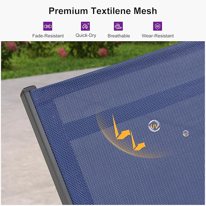 PURPLE LEAF Outdoor Chaise Lounge with Wheels for Outside 2 Pieces Aluminum Patio Lounge Chair with 5 Adjustable Position for Outdoor Beach Yard Pool Side Table Included Navy Blue