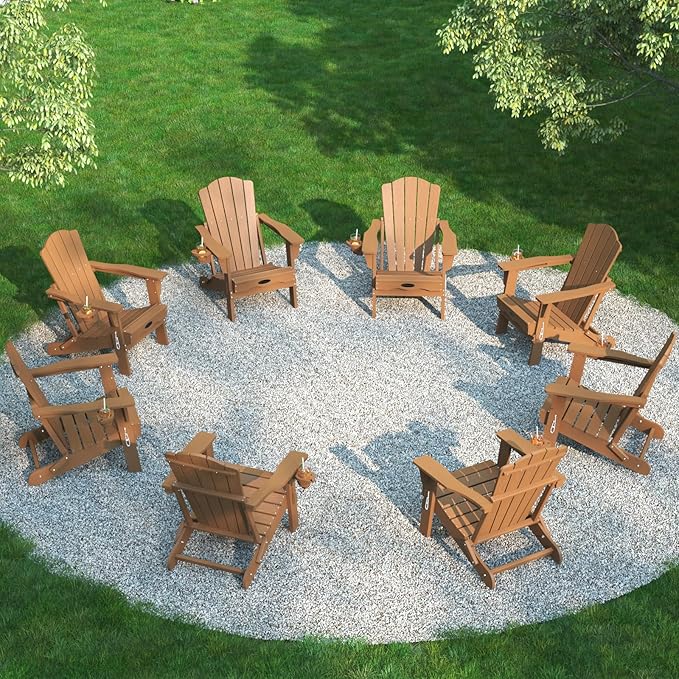 Folding Adirondack Chair Set of 8,HDPE All-Weather Outdoor Chair with Cup Holder,Wooden Textured,Fire Pit Chair,Plastic Patio Chair for Deck,Backyard,Garden,Lawn(Wood)