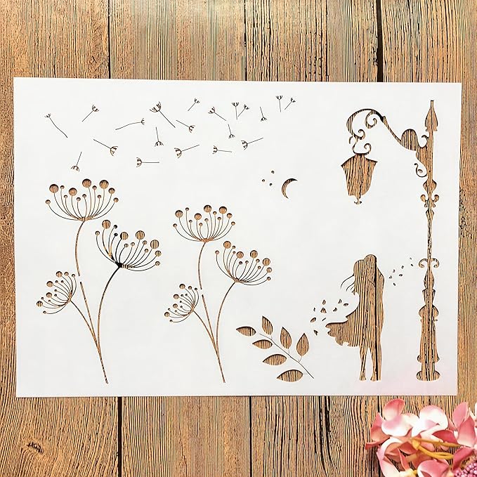 TIAMECH A4 Reusable Lover Street Light Stencil for Painting - Dandelion Layering Template, DIY Wall Art, Wood Furniture, Scrapbook & Crafts (8.3x11.7inch)