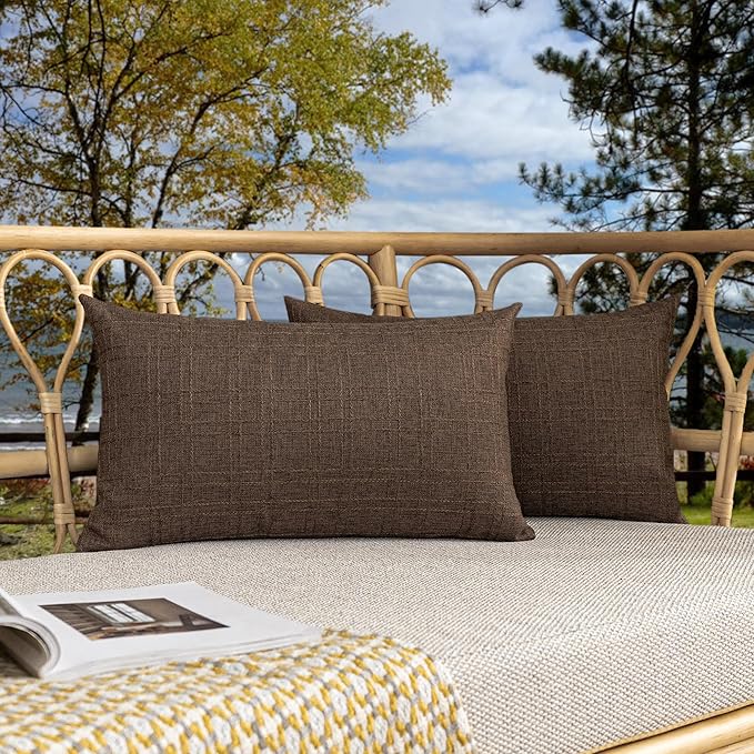 Kevin Textile Outdoor Waterproof Lumbar Pillow Covers 12x24 Inch Pack of 2 Checkered Decorative Rectangle Cushion Throw Pillowcases Shell for Patio Tent Garden Couch Bed Sofa Brown