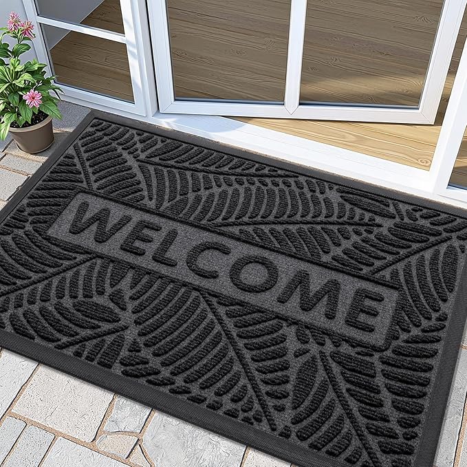 Smiry Welcome Mat Indoor Outdoor, All-Season Waterproof Front Door Mat, Sturdy Natural Rubber Doormat, Non-Slip, Easy Clean, Low Profile Dirt Trapper for Porch Patio Entrance, 47x32, Grey