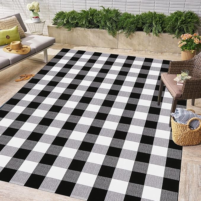 Buffalo Plaid Outdoor Rugs, 5'x7' Black and White Checkered Area Rug, Washable Cotton Woven Indoor/Outdoor Rug for Farmhouse/Patio/Front Porch/Living Room/Laundry Room/Bedroom Décor
