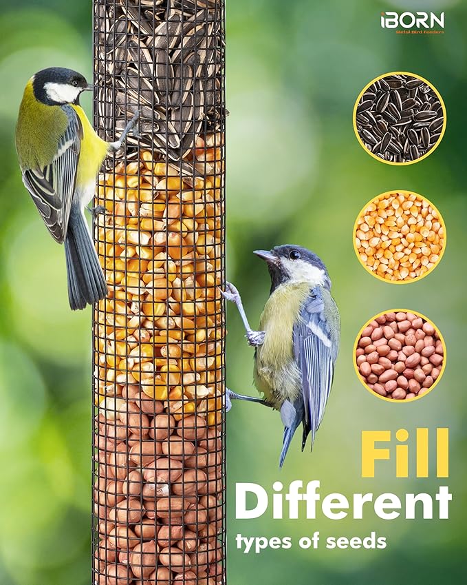 iBorn Metal Peanut Bird Feeders for Outdoors - 14" Peanut & Sunflower Seed Feeder, Hanging Metal Mesh Mixed Seed Bird Feeder with Easy-Clean Design for Woodpeckers, Jays, Titmice,Copper