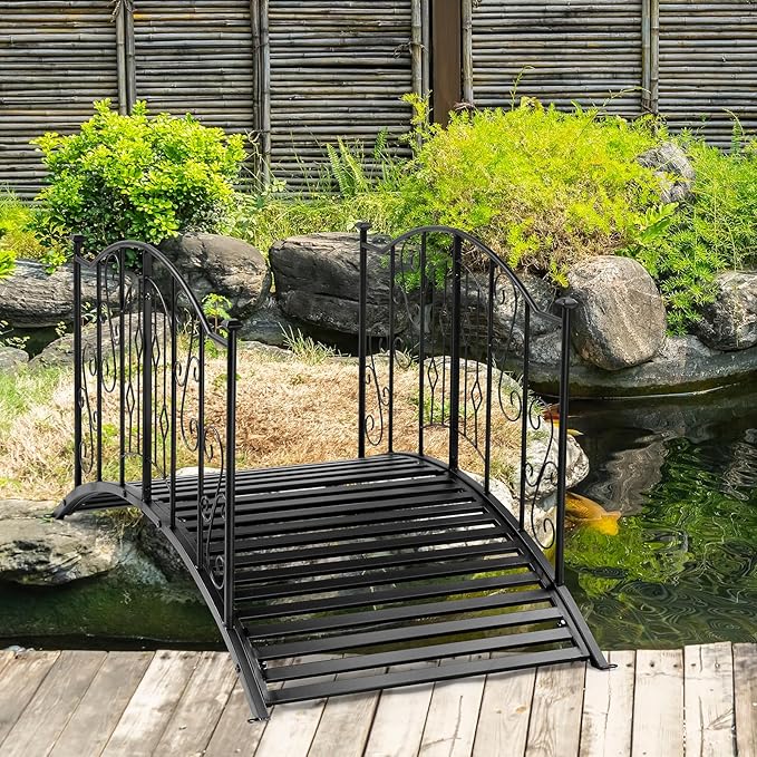 Outvita Metal Garden Bridge for Outdoor, Elegant Decorative Bridge with Powder-Coated Finish and Security Guardrail for Patio Pond Backyard Landscaping (Crown)