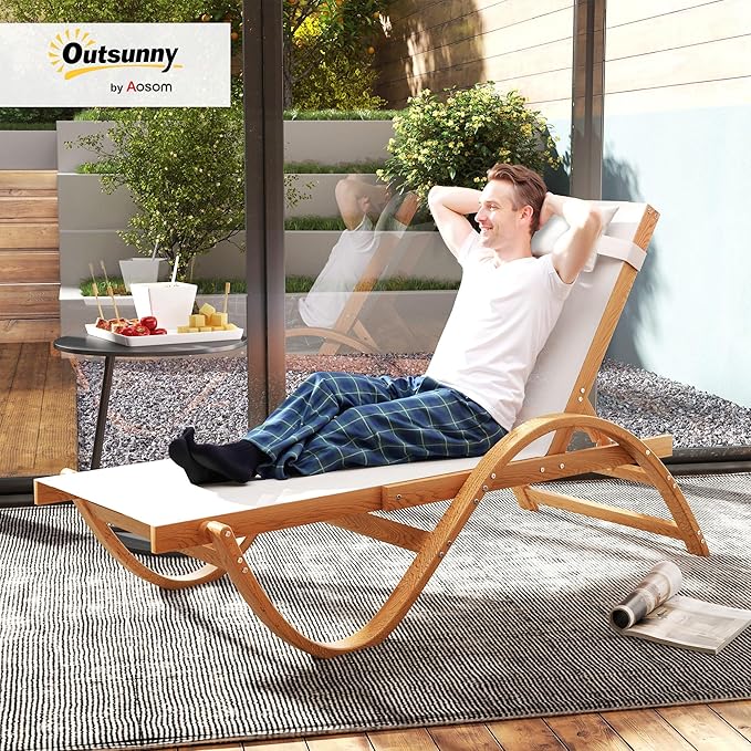 Outsunny Larch Wood Lounge Chair, 4-Level Adjustable Tanning Chair, Full Flat Patio Lounger with Mesh Seat, Outdoor Sun Chaise for Patio Beach, Cream White