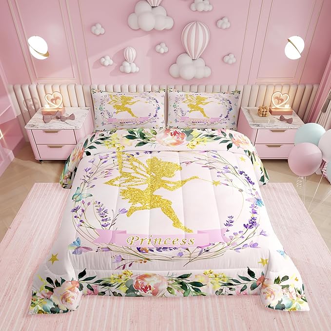 Erosebridal Fairy Garden Full Comforter Set,Dreamy Butterfly Floral Bedding Sets for Girls Kids,Pink Coquette Flower Quilt Bed Set,Cute Girly Princess Bedroom Decor,2 Pillowcases Breathable
