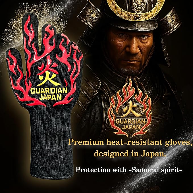 Premium Heat Resistant BBQ Gloves – Fireproof 1472°F Aramid Grill Mitts for Barbecue, Smoker, Campfire, Fire Pit, Oven, Japanese Supervised Design (炎-HONO-Red, M)