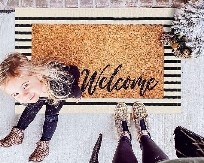 KOZYFLY Black and Beige Striped Porch Rug 2x3 Ft Small Area Rug Cotton Outdoor Doormat Front Door Rug Washable Outdoor Rug Farmhouse Layered Door Mat for Front Door Entryway Patio Porch